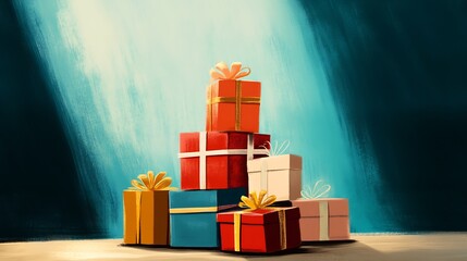Poster - Artistic Stack of Gifts in Warm Light for Seasonal and Festive Occasions : Generative AI