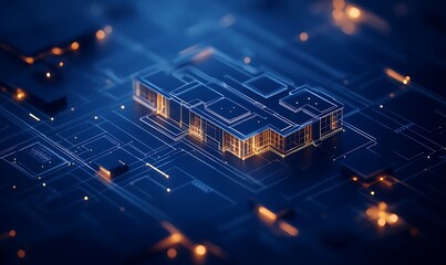 Poster - A digital landscape depicting a futuristic circuit board illuminated with glowing lines and patterns, symbolizing technology and connectivity.