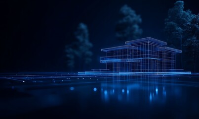 Aufkleber - A futuristic digital representation of a house, illuminated by blue lights, set against a dark, serene background.