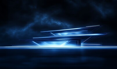 Poster - A futuristic, glowing structure emerges from a dark background, showcasing vibrant blue lights and a sense of movement.
