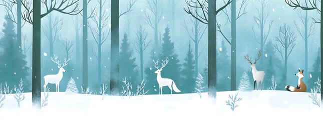 Aufkleber - Winter Wonderland Forest with Deer and Fox in Snowy Landscape : Generative AI
