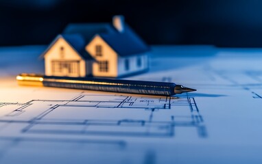 Fototapete - A miniature house sits on architectural blueprints with a pen, symbolizing home design and planning.