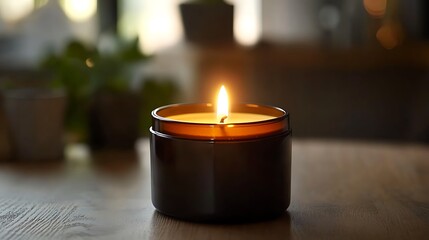 Canvas Print - A single candle burns brightly in a dark amber glass jar, illuminating the woodgrain of a table.