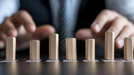 Poster - Business professionals analyze progress with wooden blocks