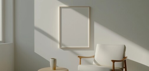 Poster - A minimalist interior featuring a comfortable white armchair beside a wooden table with a simple ceramic mug. Natural light creates soft shadows on the wall, enhancing tranquility.