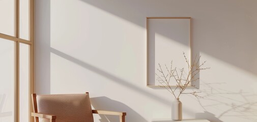 Poster - A minimalist living space featuring a stylish chair, a simple table with a vase and branches, and soft natural light casting shadows on the wall.