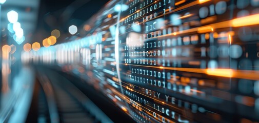 Poster - Abstract representation of data flow with glowing binary code in a tunnel, showcasing digital transformation and modern technology concepts, ideal for tech-related projects.