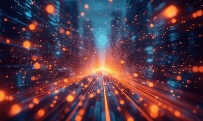 Poster - High-Speed Abstract Digital Technology Background with Glowing Lines and Particles