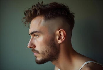 profile portrait of man with stylish haircut, showcasing natural textures and soft lighting. image captures contemplative expression, highlighting facial features and hairstyle