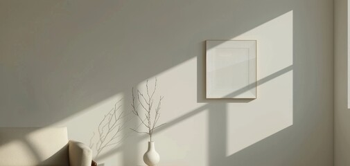 Poster - A minimalist living space featuring soft shadows and natural light. A simple vase with branches and an empty frame creates a tranquil and modern atmosphere.