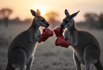 Kangaroos in boxing gloves playfully sparring at sunset, showcasing humorous and lively scene in nature. warm glow of sun enhances playful atmosphere