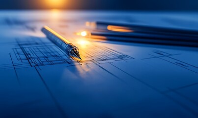 Fototapete - A close-up view of a pen and architectural sketches, illuminated by soft light, highlighting the details of design and creativity.