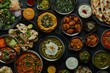 © kavinda - Black background with Indian food variety, rich curries, naan, vibrant chutneys, inviting and detailed