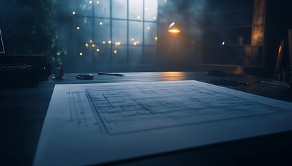Aufkleber - A dimly lit workspace features blueprints amidst soft smoke, showcasing a blend of creativity and mystery.