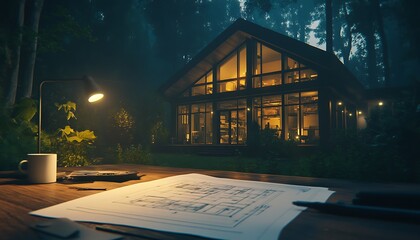 Poster - A cozy modern cabin nestled in a forest, illuminated warmly at night, with a worktable featuring architectural plans and surrounded by nature.