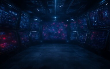 Poster - A futuristic, dark room illuminated by vibrant blue and purple lights, creating a high-tech atmosphere.