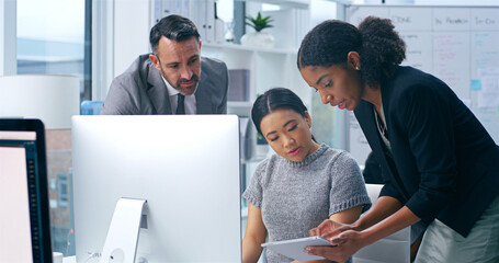 Poster - Business people, meeting and computer for feedback, ideas and brainstorming in finance agency. Teamwork, diversity and advice on technology for investment opportunity, audit and tax review in office