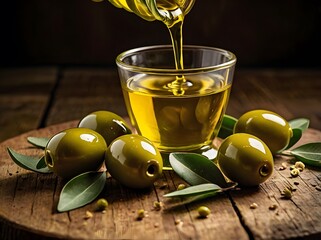 Fresh Green Olives with Olive Oil Pouring into Glass on Rustic Wooden Table