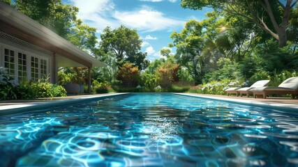 Wall Mural - animation serene backyard oasis with inviting swimming pool generated with ai