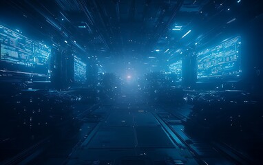 Aufkleber - A futuristic corridor filled with blue lights and digital patterns, creating an immersive, high-tech atmosphere.