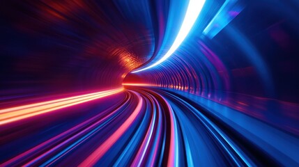 Abstract tunnel with bright neon blue and red lights creating speed and motion blur effect.