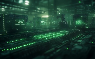 Poster - A futuristic urban landscape illuminated by green lights, featuring high-tech buildings and an eerie atmosphere.