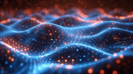 Poster - Abstract Background with Blue and Orange Dots, Wavy Lines, Light Waves, Bokeh Effect, Big Data Visualization, Futuristic Digital Technology, Cyberspace Design Element