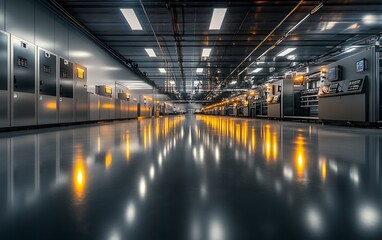 Fototapete - A modern hallway with polished floors reflecting warm lights, framed by technology equipment and features, creating a dynamic and industrial atmosphere.