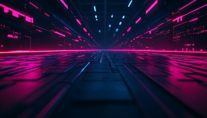 Poster - A futuristic, vibrant digital landscape with glowing pink and blue lights, conveying a sense of depth and advanced technology.