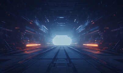 Poster - A futuristic corridor with glowing lights leads to a bright, mysterious opening, set in a sci-fi environment.