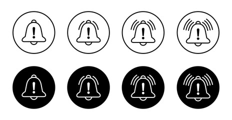 Poster - Bell exclamation icon set collection on black circle. Warning notification outline sign symbol