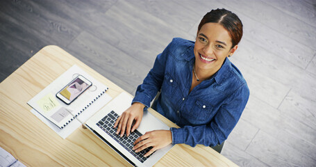 Poster - Laptop, portrait and businesswoman in office for typing creative project for art director. Technology, top view and female interior designer with document and computer for color palette at agency.