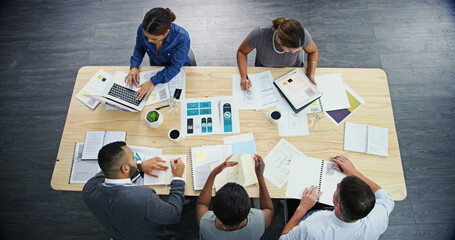 Aufkleber - Above, planning and group with documents, office and collaboration for project, laptop and business. Desk, digital marketing and paperwork for ad campaign, people and teamwork for social media