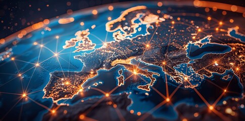 Poster - Digital map of Europe highlighting Middle East connectivity, global network and business exchange, online communication technology, global trade background with glowing effects