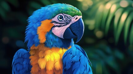 Wall Mural - A blue and yellow macaw parrot in a tropical rainforest.