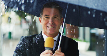 news reporter, man and portrait with broadcast in rain for weather forecast, climate prediction and 