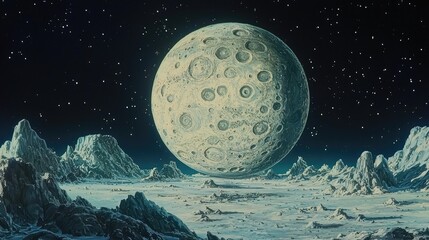 Wall Mural - a large, cratered moon hangs over an alien landscape.