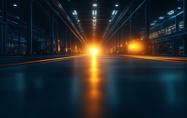 Poster - A glowing light emanates from the end of a futuristic, industrial warehouse with reflective flooring and dark, structured surroundings.