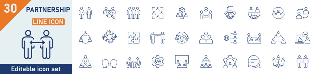 Wall Mural - Partnership line icon set. Set of 30 outline icons related to agreement,  cooperation, conversation, teamwork and others. Editable stroke. Vector illustration.