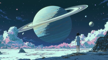 Wall Mural - a lone figure gazes up at saturn and its rings in a starry sky.