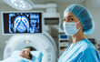 © Curioso.Photography - Radiologist in scrubs and mask standing by an MRI machine with a patient lying inside.