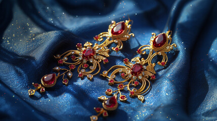 Wall Mural - An elaborate pair of Victorian gold and ruby earrings, shaped like delicate hanging chandeliers with vine-like golden details, casting intricate shadows on a royal blue satin backdrop.