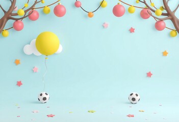 A yellow balloon floating with two soccer balls and pink stars on a light blue background.