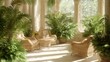 © Jakkarin - Vintage Cozy Sunroom with Antique Wicker Furniture and Potted Ferns Creating a Timeless Tranquil Atmosphere
