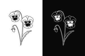 Black and White Pansy Silhouette Icons for Digital Art