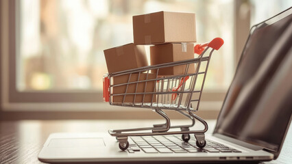 Miniature shopping cart filled with boxes on a laptop.