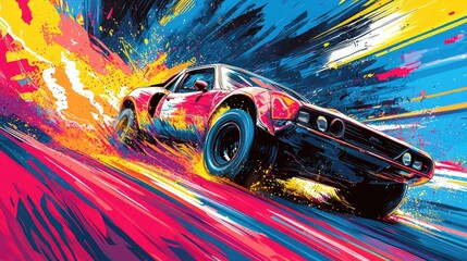 Wall Mural - abstract car speeding through splashes of vibrant colors.