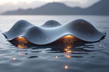 Poster - Futuristic Floating Island Abstract Network Digital Landscape Glowing Lights Water Reflection