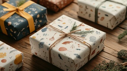 Wall Mural - Beautifully Wrapped Gift Boxes on Wooden Table