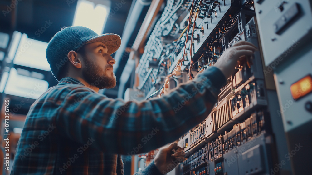 Electrician engineer checks electrical circuit in control panel for ...